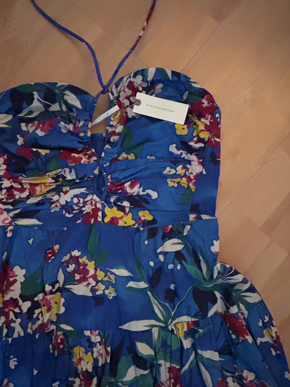 Anthropologie Royal Blue Floral Midi with Red & Yellow Accents